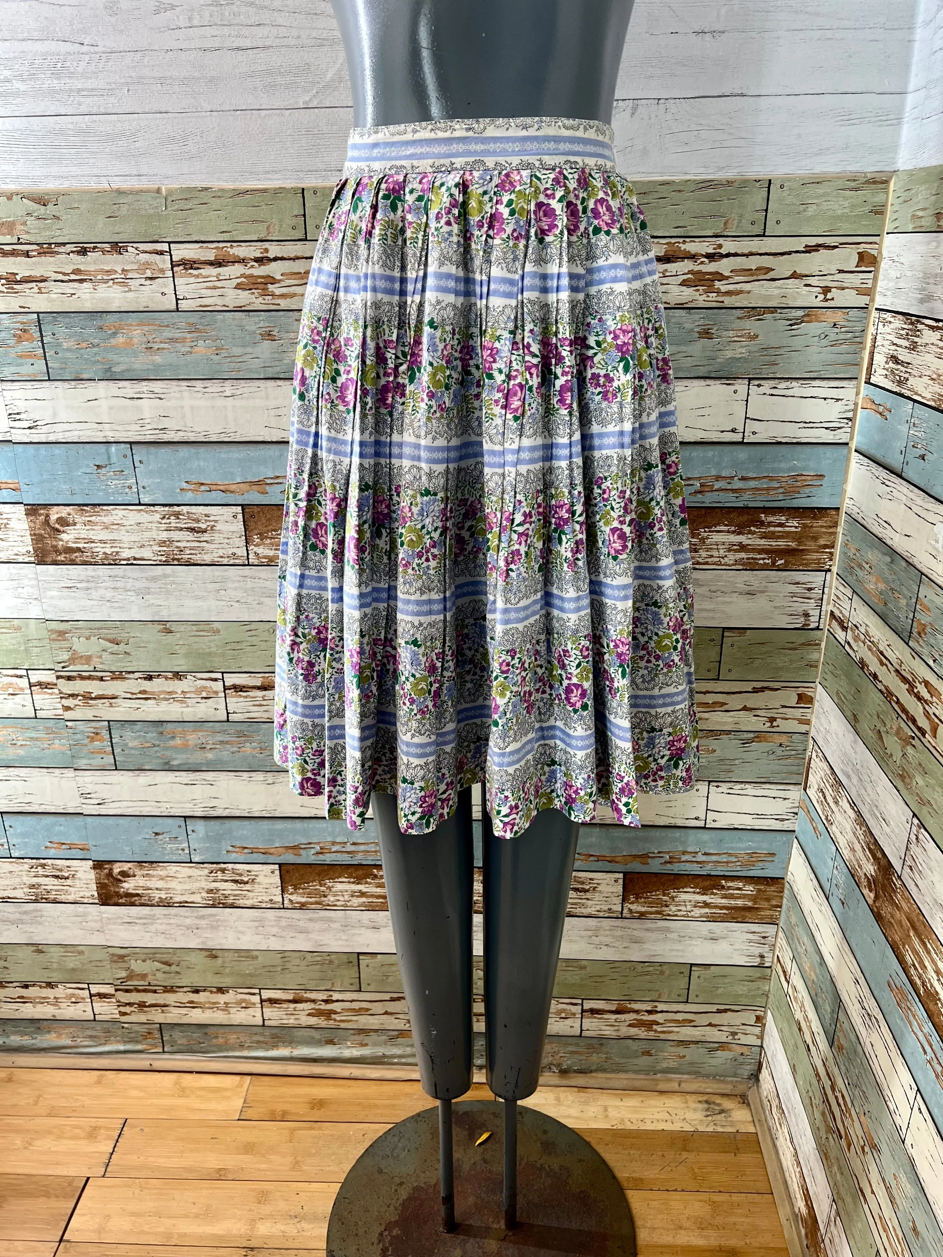 60’s Blue & Green Garden Flower Print Full Skirt