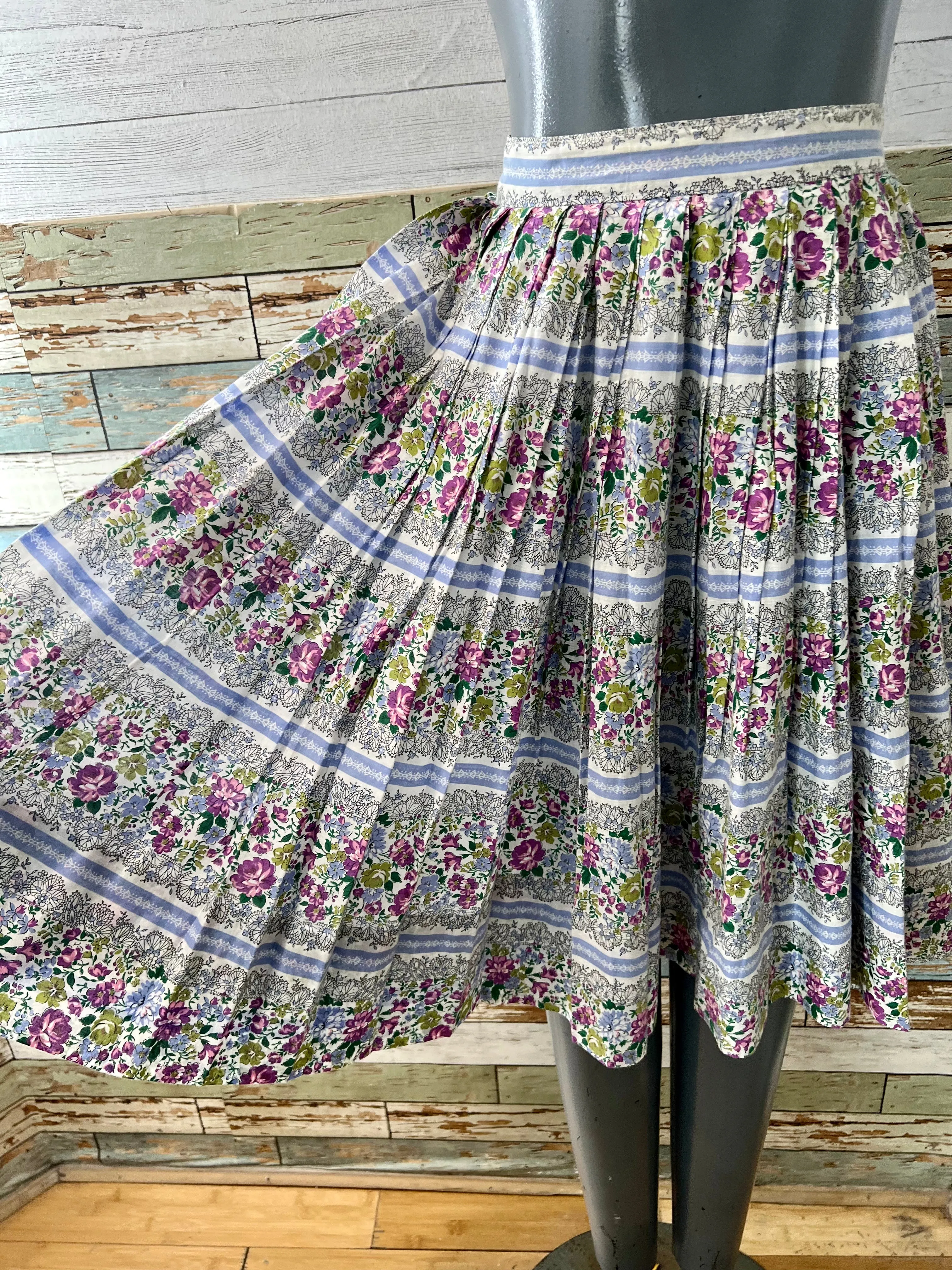 60’s Blue & Green Garden Flower Print Full Skirt