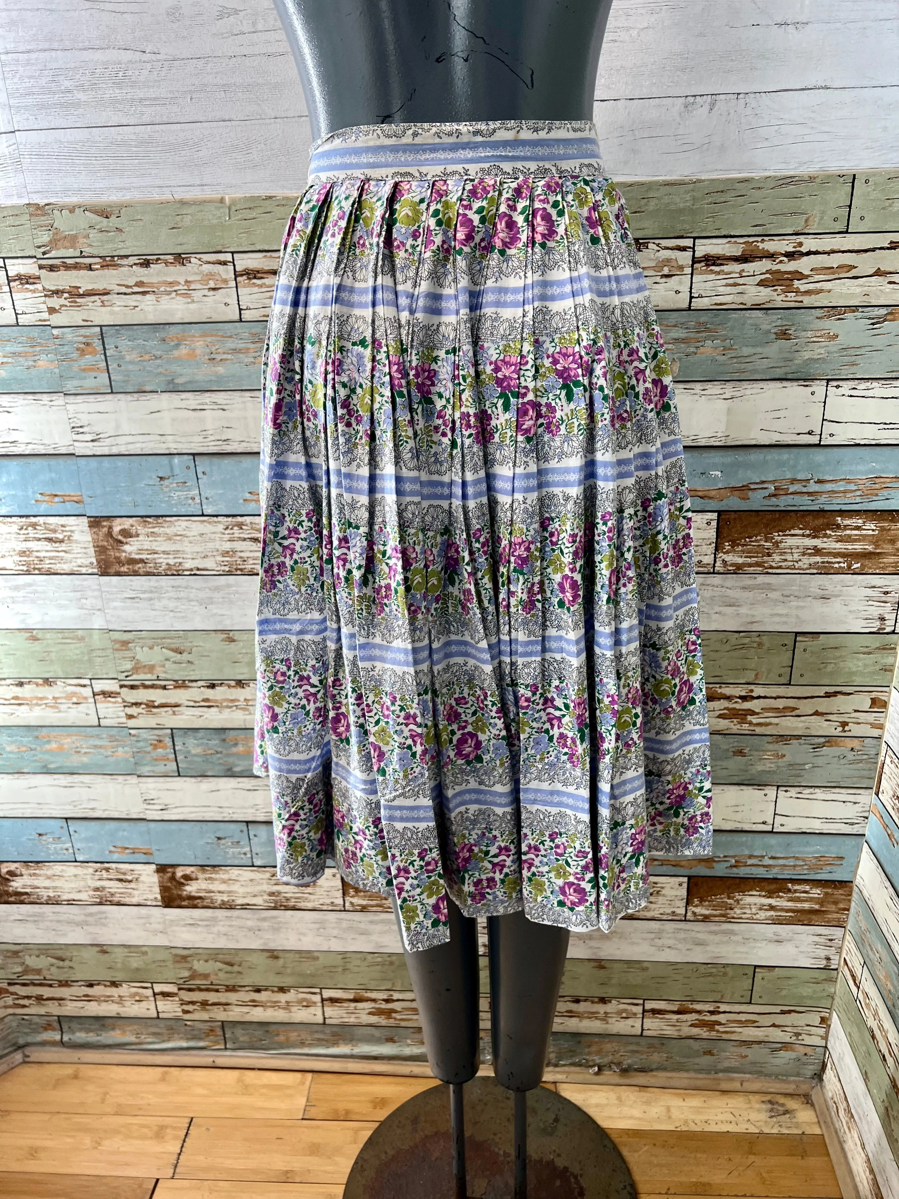 60’s Blue & Green Garden Flower Print Full Skirt