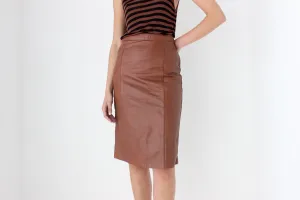 80s Chestnut Brown Italian Leather Knee Length Pencil Skirt