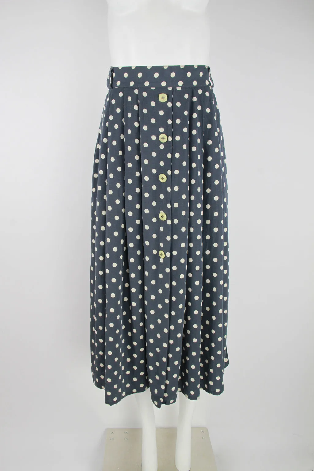 90s Blue and white dot midi skirt with decorative button front – M