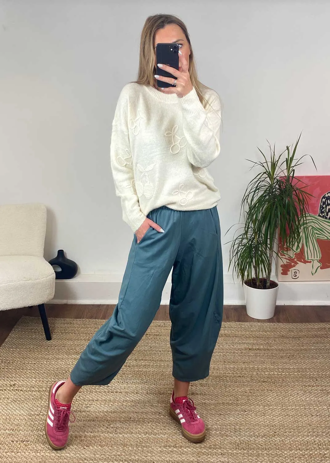 Aspen Jersey Barrel Pants in Teal