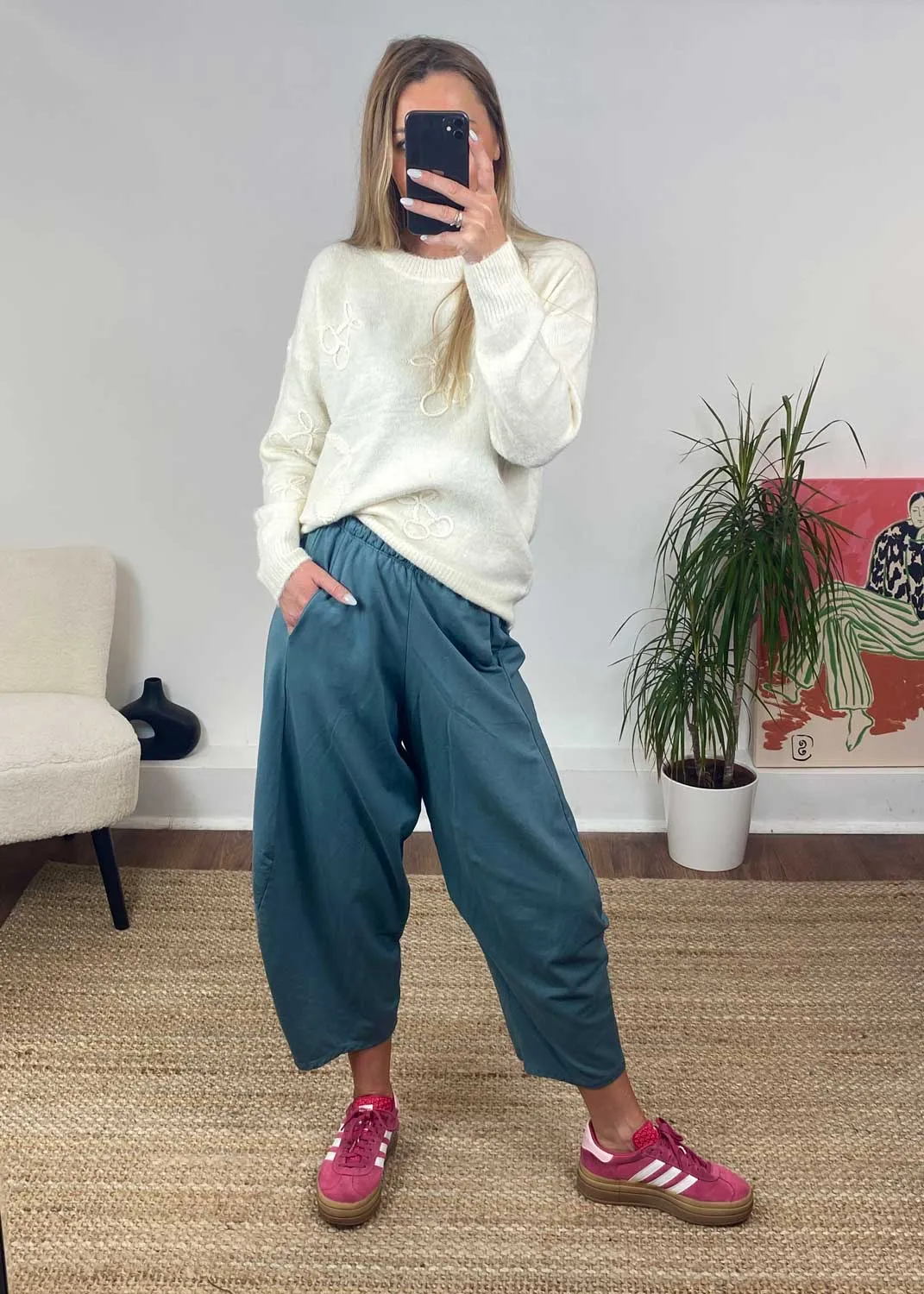 Aspen Jersey Barrel Pants in Teal