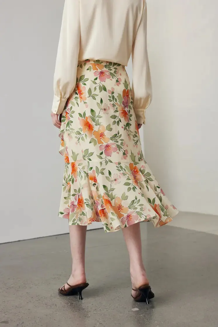 Asymmetric Silk Ruffled Floral Midi Skirt