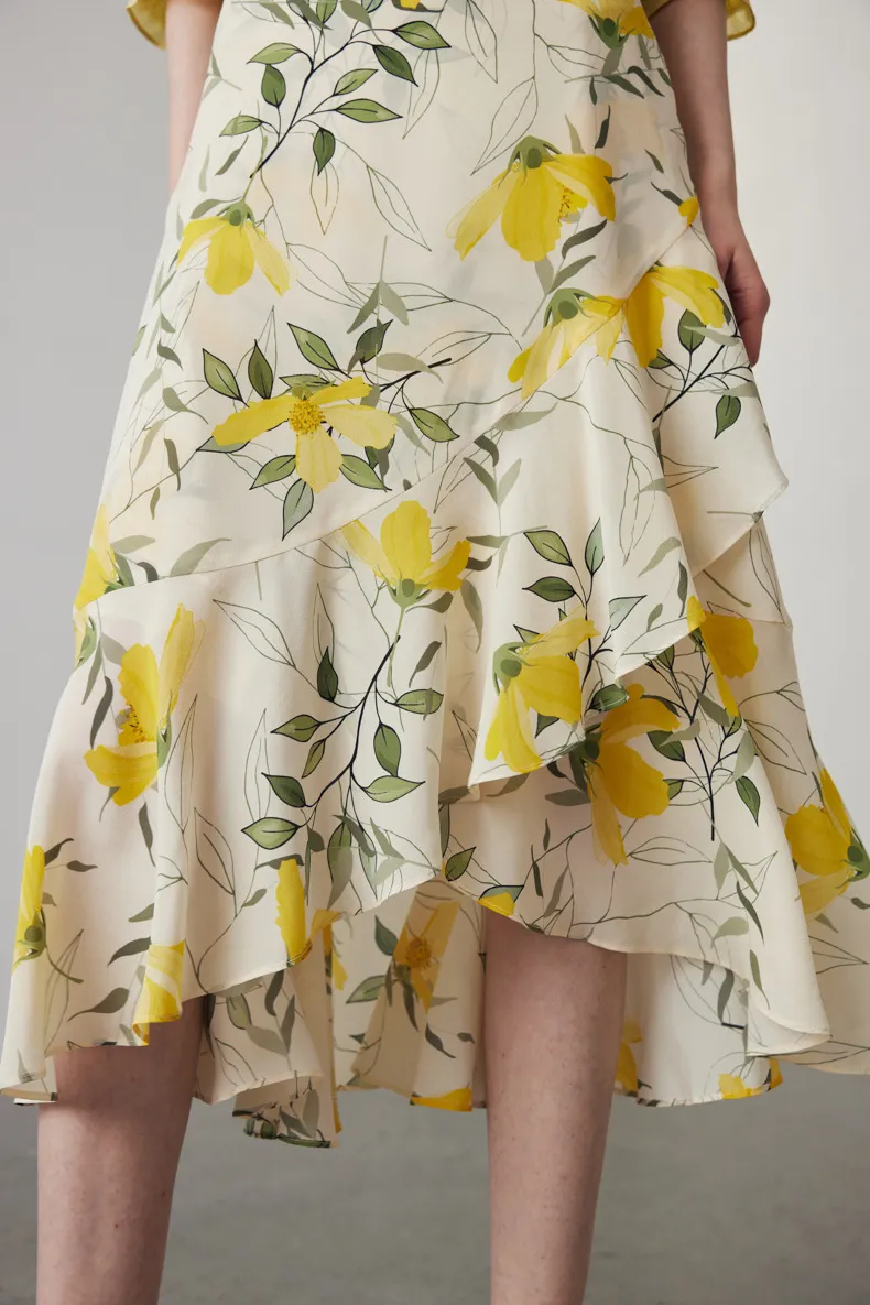 Asymmetric Silk Ruffled Floral Midi Skirt