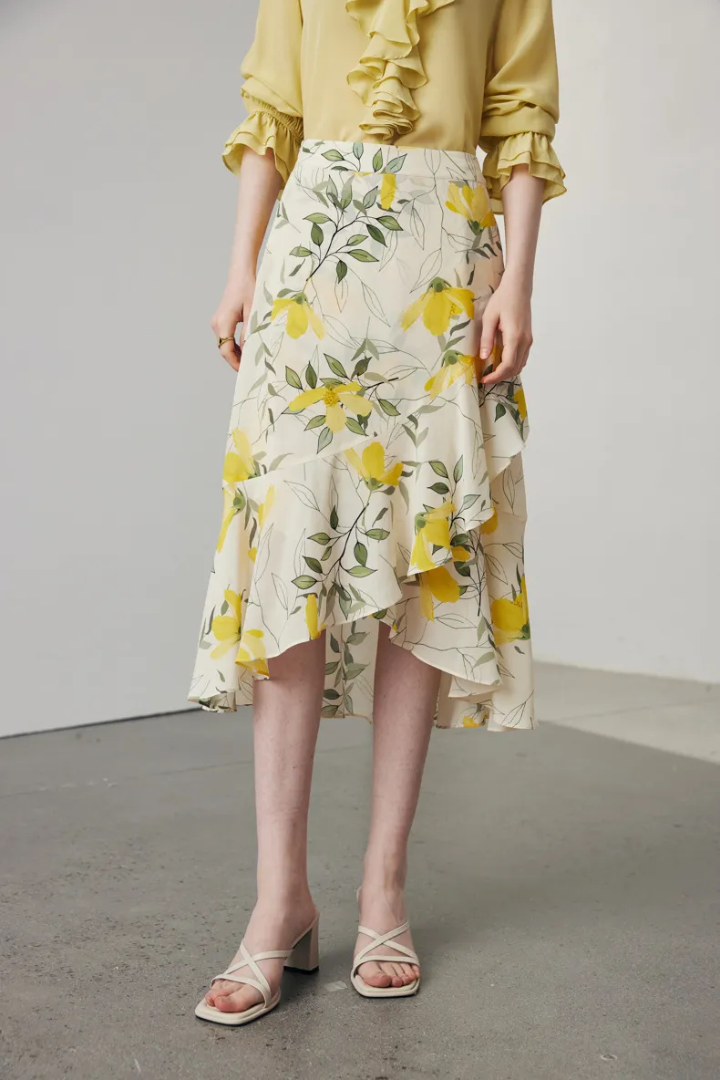 Asymmetric Silk Ruffled Floral Midi Skirt