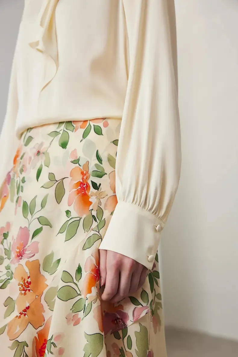 Asymmetric Silk Ruffled Floral Midi Skirt