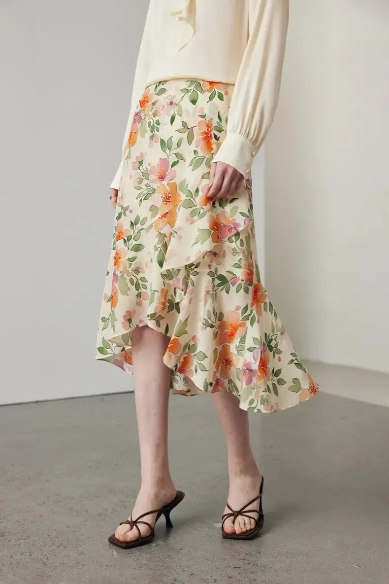 Asymmetric Silk Ruffled Floral Midi Skirt
