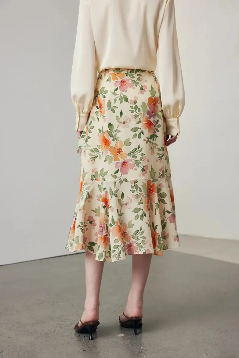 Asymmetric Silk Ruffled Floral Midi Skirt