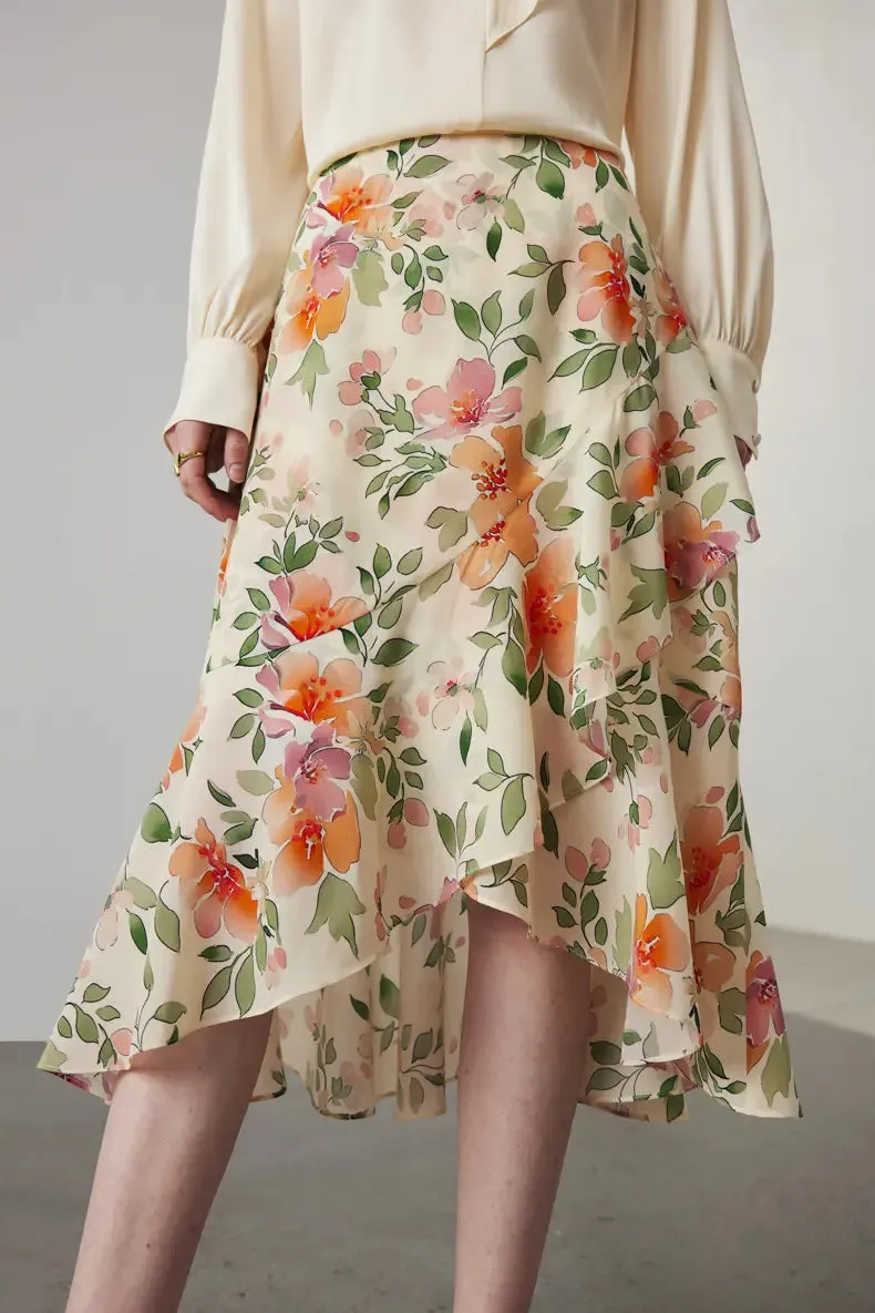 Asymmetric Silk Ruffled Floral Midi Skirt
