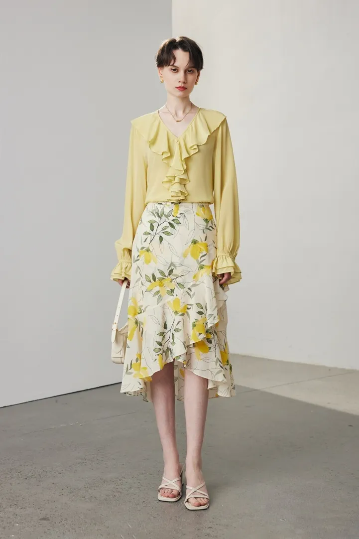 Asymmetric Silk Ruffled Floral Midi Skirt