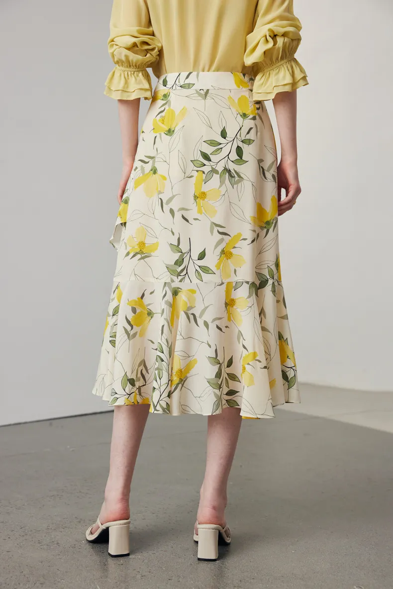 Asymmetric Silk Ruffled Floral Midi Skirt