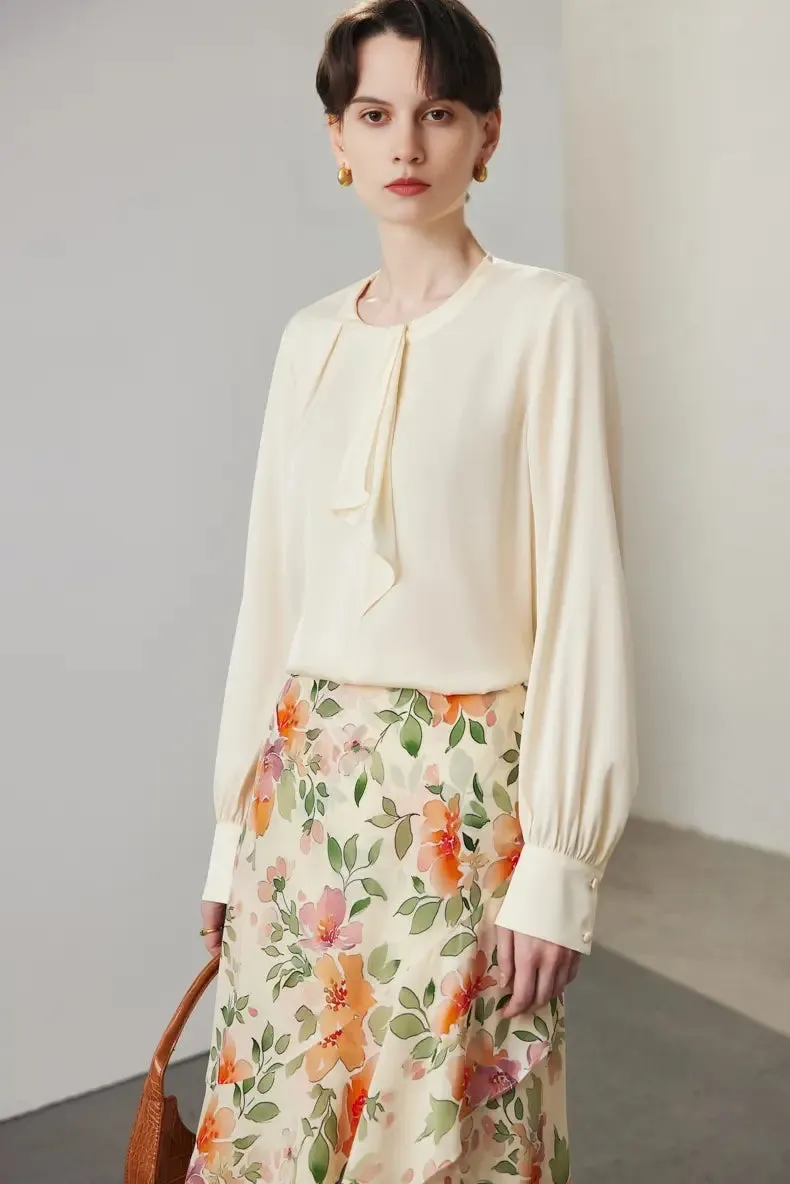 Asymmetric Silk Ruffled Floral Midi Skirt