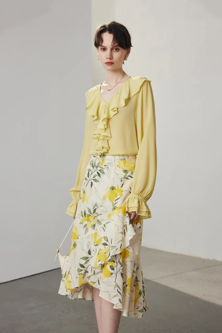 Asymmetric Silk Ruffled Floral Midi Skirt