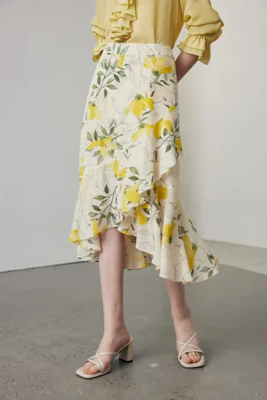 Asymmetric Silk Ruffled Floral Midi Skirt