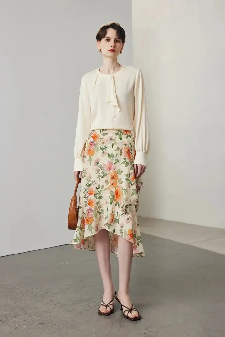 Asymmetric Silk Ruffled Floral Midi Skirt