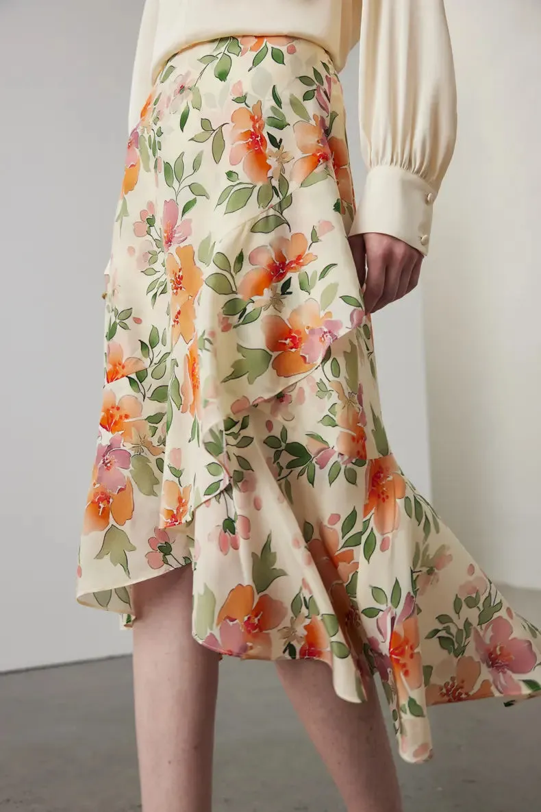 Asymmetric Silk Ruffled Floral Midi Skirt