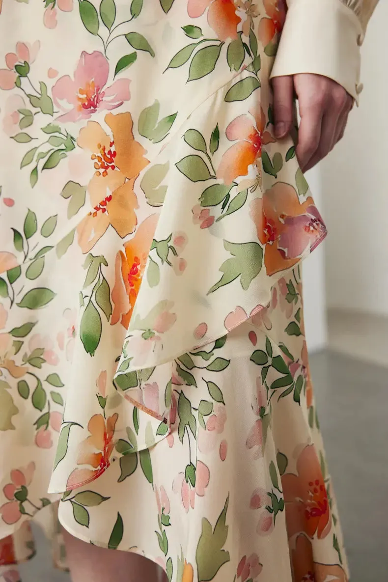 Asymmetric Silk Ruffled Floral Midi Skirt
