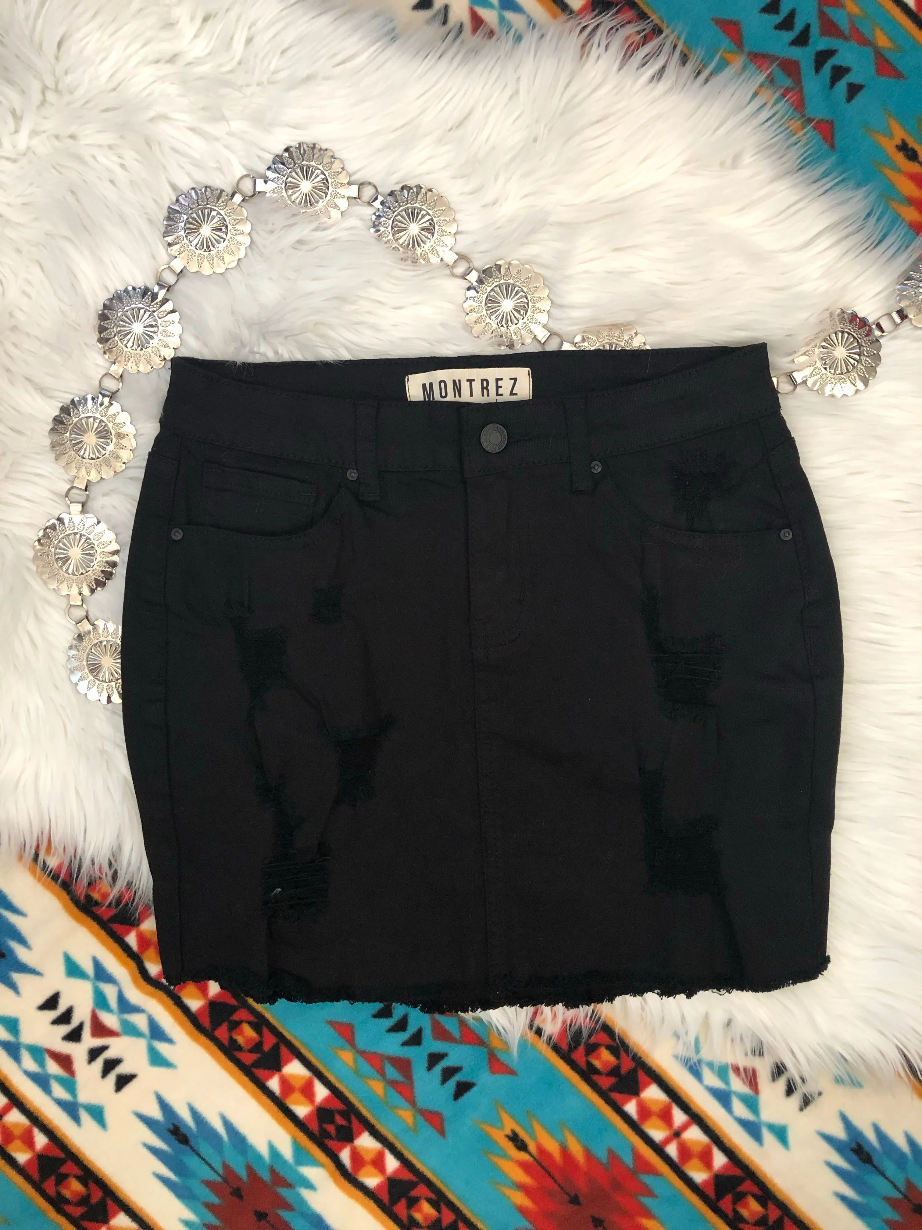 Black Distressed Denim Skirt