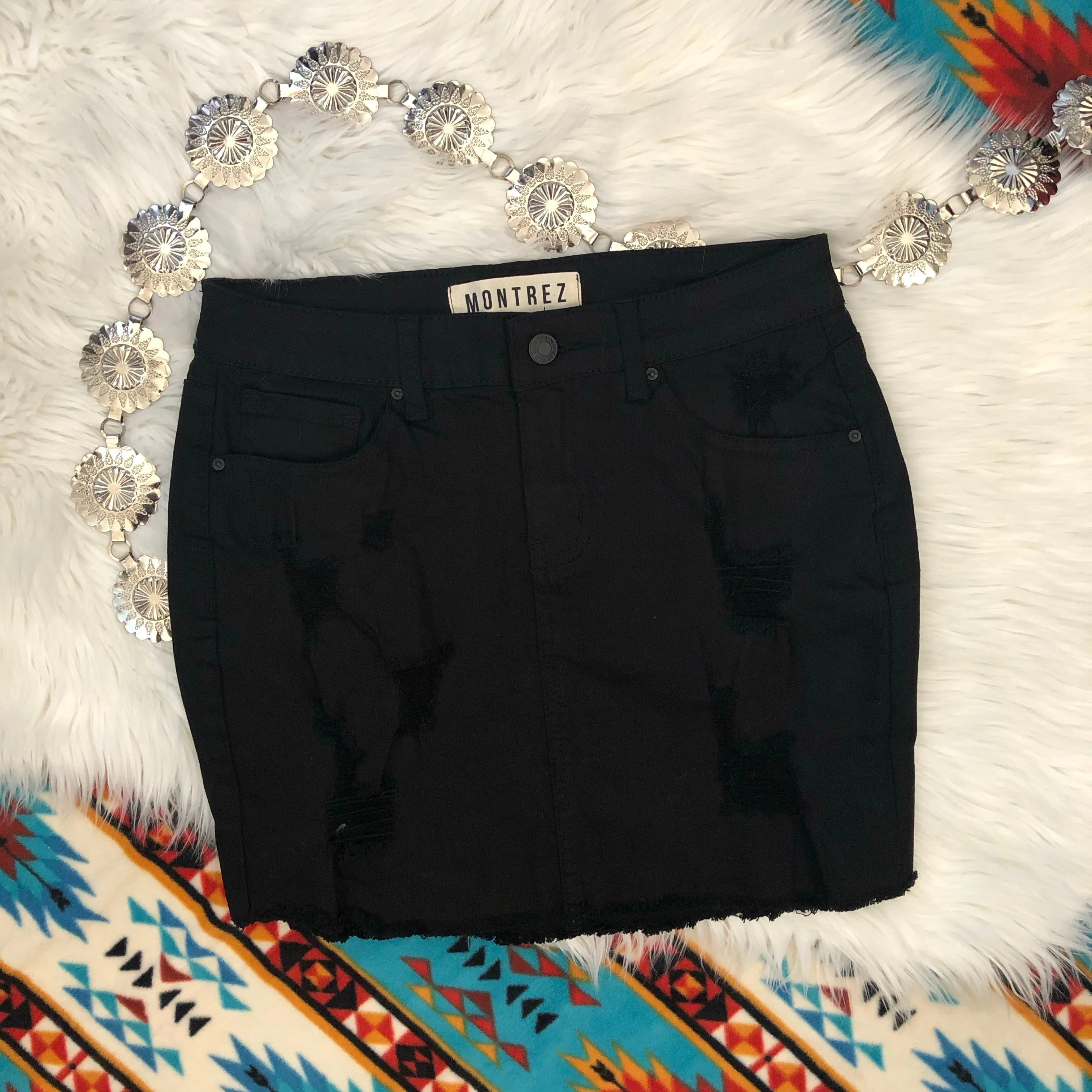 Black Distressed Denim Skirt