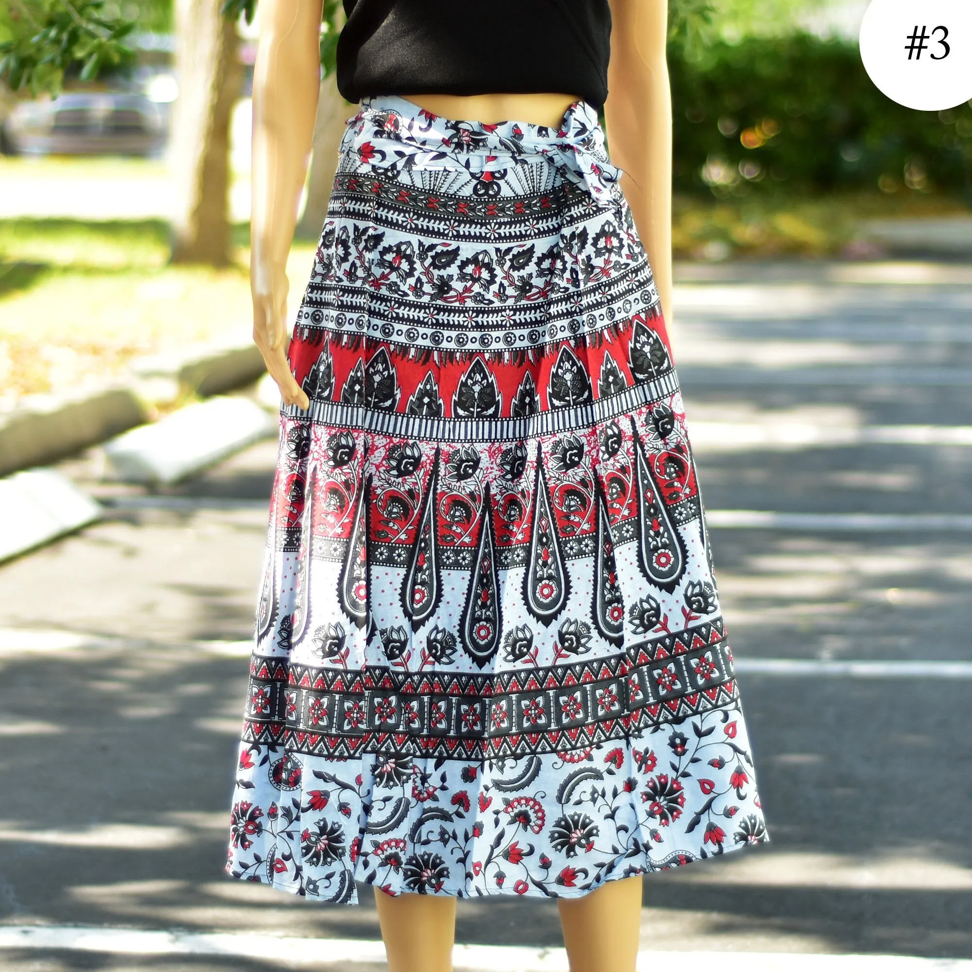 Boho Indian Ethnic Printed Wrap Around Mid Length Midi Pure Cotton Skirt