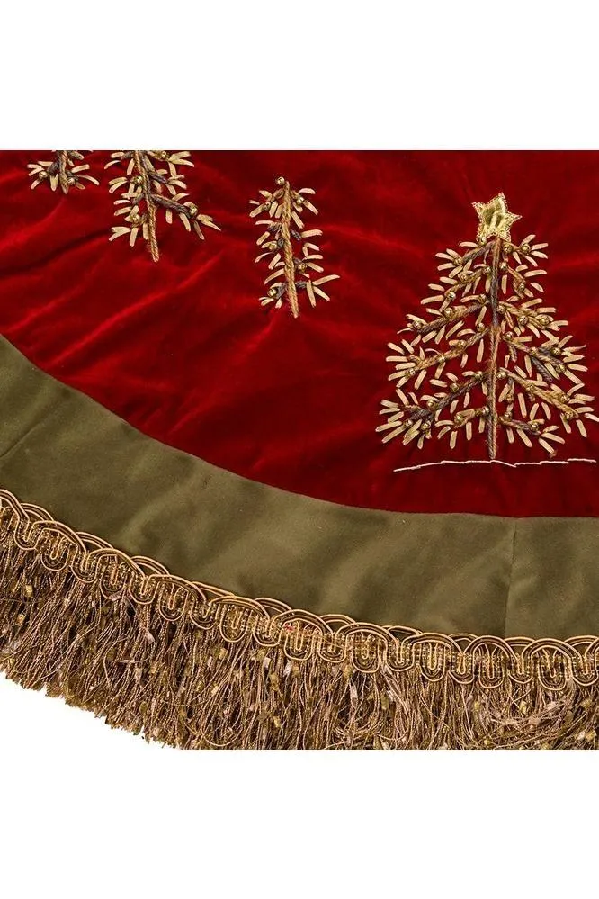 Burgundy Velvet Ribbon Tree Skirt With Green Tassel Border