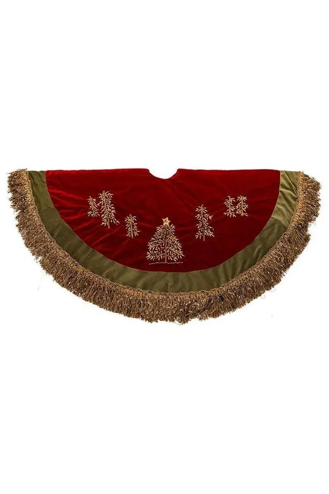 Burgundy Velvet Ribbon Tree Skirt With Green Tassel Border