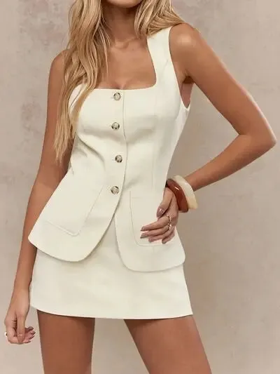 Button Down Sleeveless Top and Skirt Set