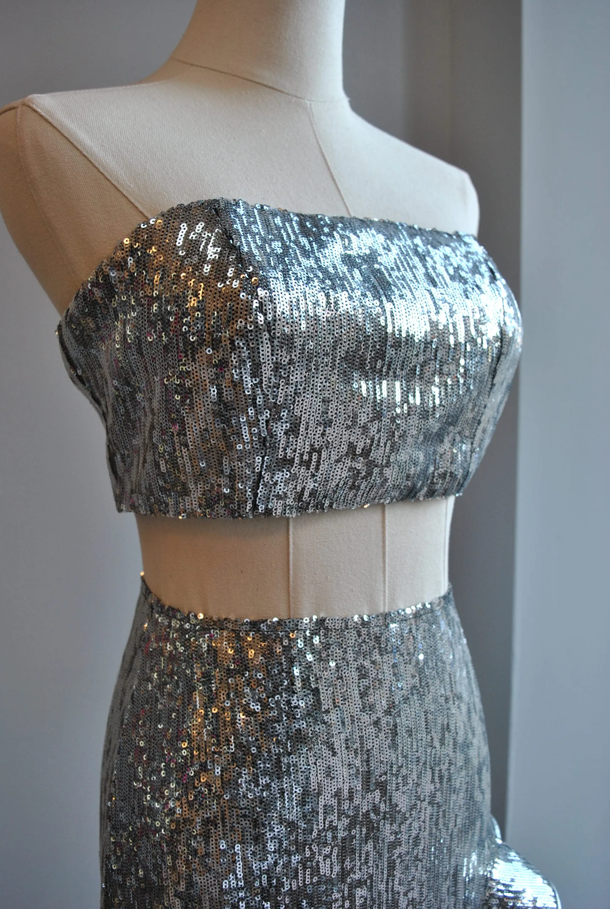 CLEARANCE - SILVER SEQUIN SET OF LONG ASYMMETRIC SKIRT AND A TOP