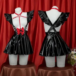 Faux Leather Red Bow Strap Skirt