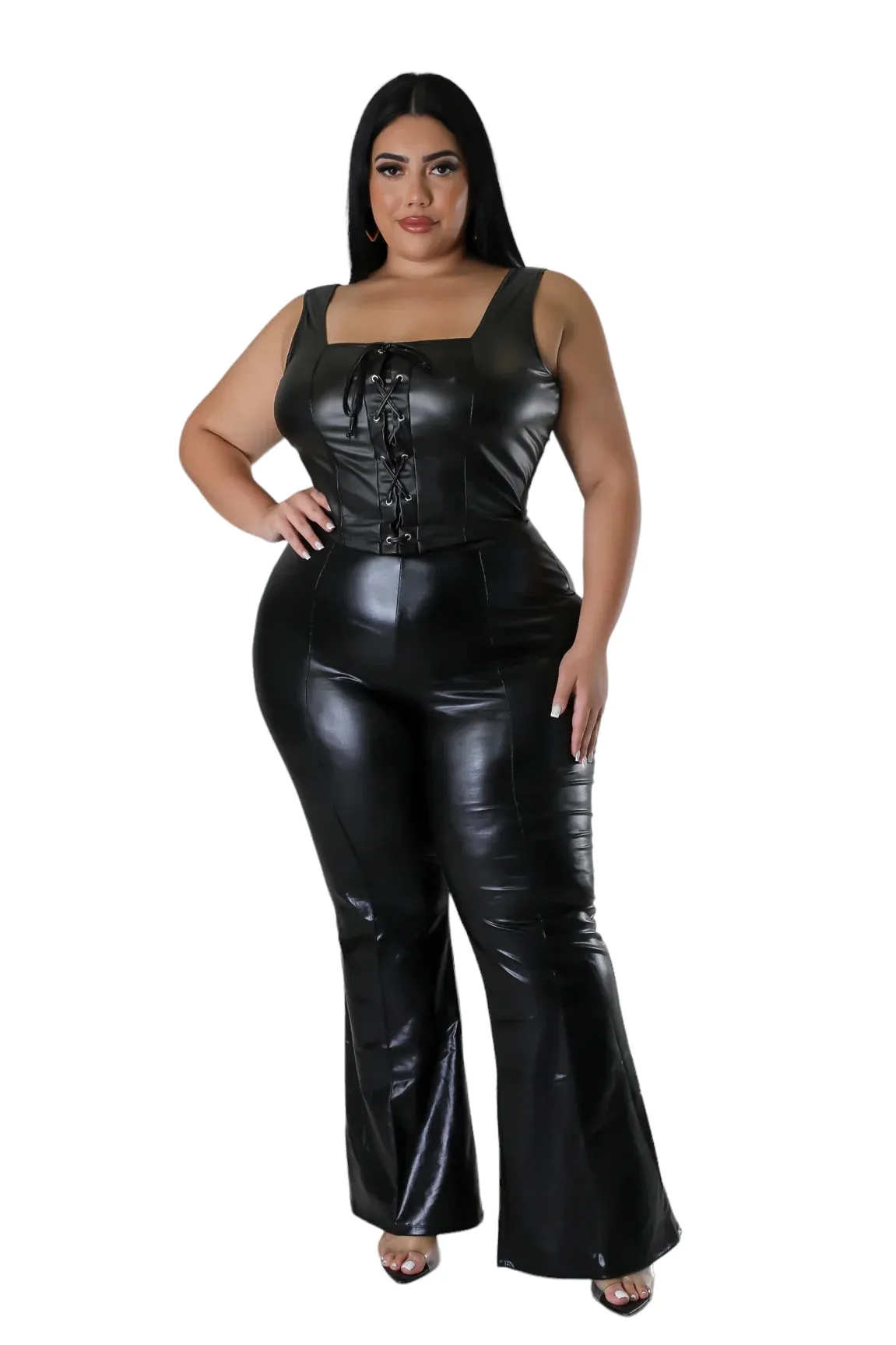 Final Sale Plus Size Faux Leather Lace Up Crop Top in Black