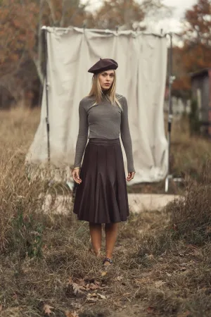 Flare Leather Skirt 25.5"-Brown