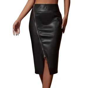High Waist Zip-Up Maxi Leather Black Skirt With Split