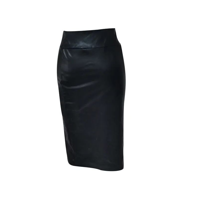 High Waist Zip-Up Maxi Leather Black Skirt With Split