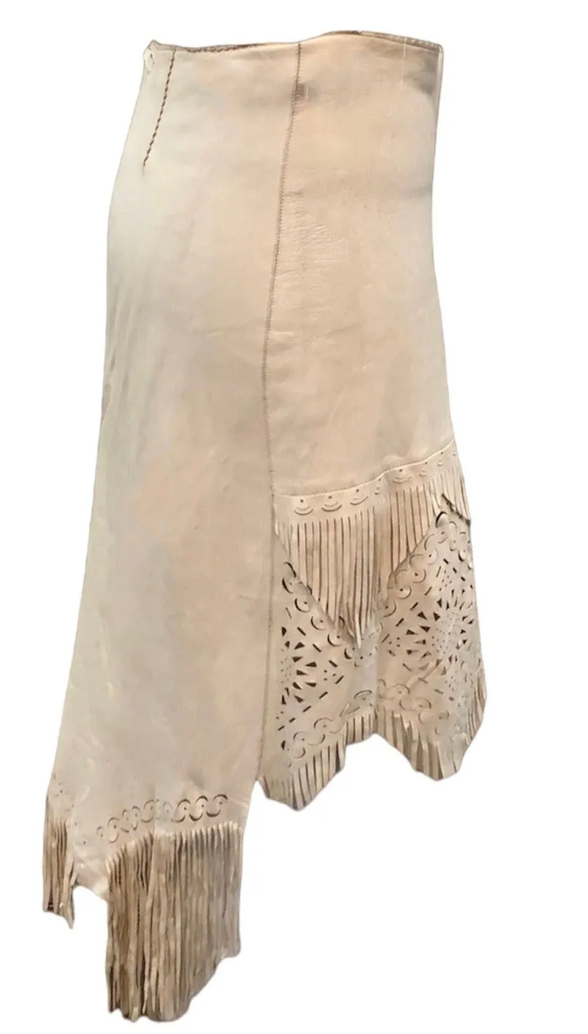 Jean Paul Gaultier Y2K Femme Butter Colored Leather Fringe Skirt with Laser Cut Outs