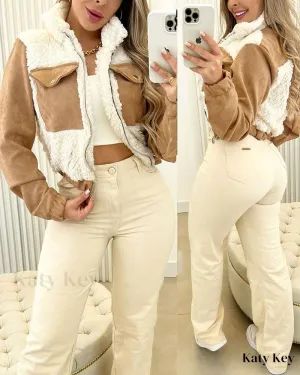 KatyKey - Chic Colorblock Teddy Coat with Zipper Accents