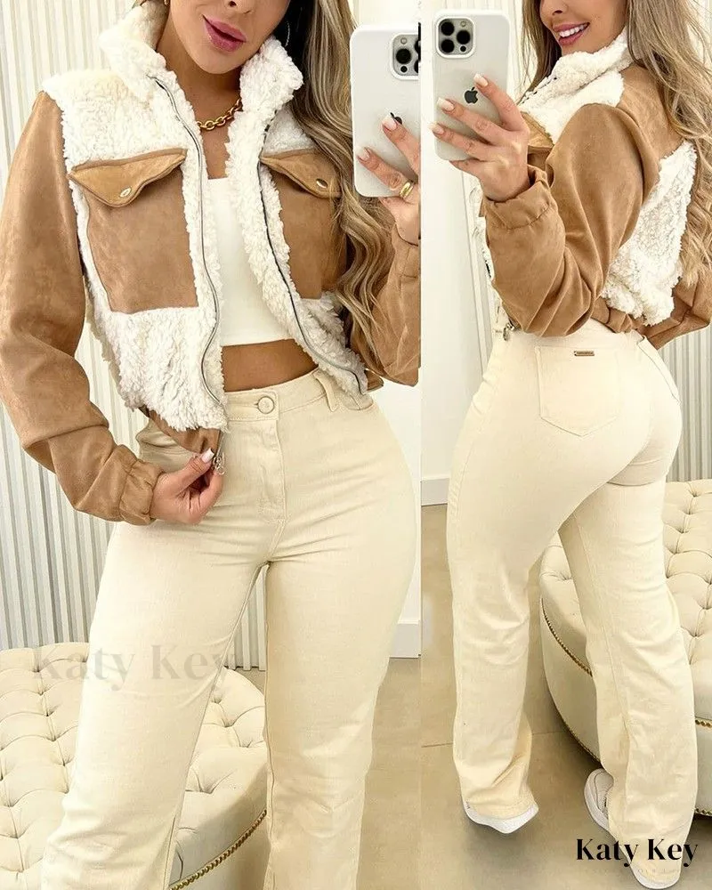 KatyKey - Chic Colorblock Teddy Coat with Zipper Accents