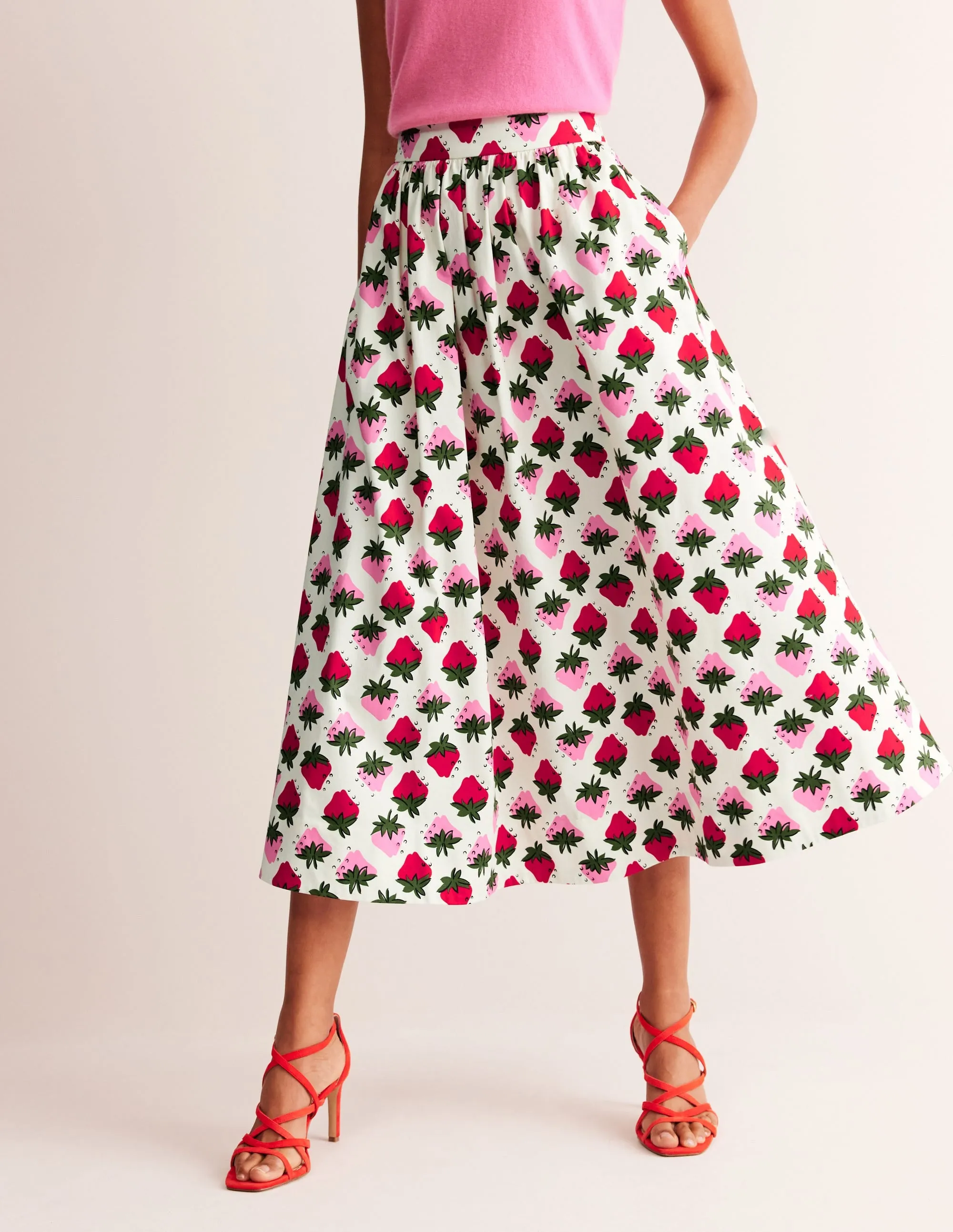Layla Cotton Sateen Skirt-Ivory, Strawberry Pop