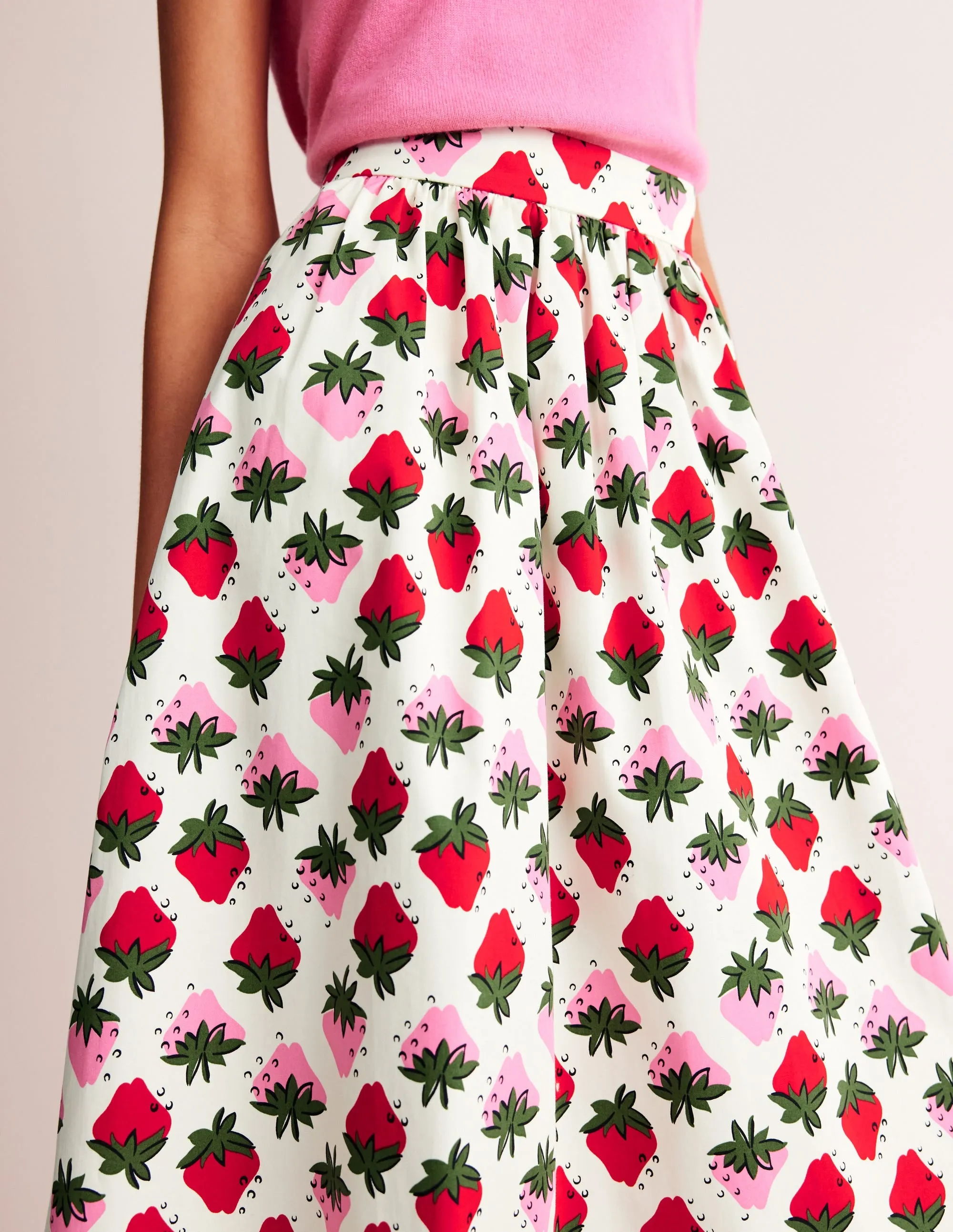 Layla Cotton Sateen Skirt-Ivory, Strawberry Pop