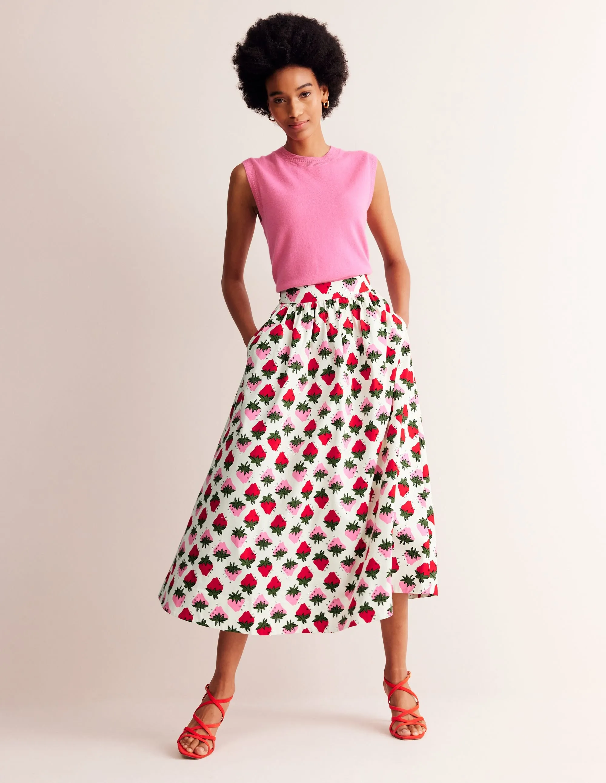 Layla Cotton Sateen Skirt-Ivory, Strawberry Pop