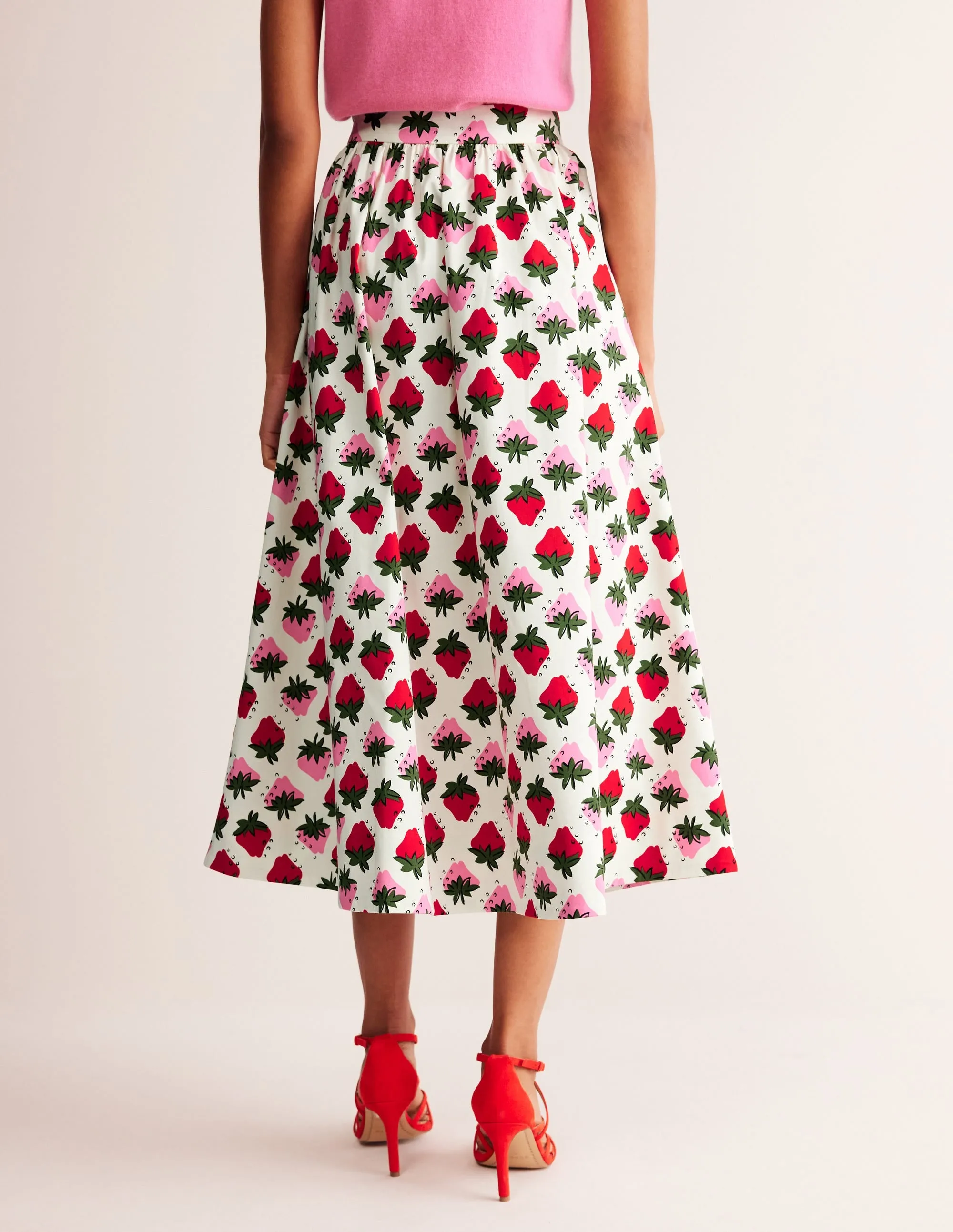 Layla Cotton Sateen Skirt-Ivory, Strawberry Pop