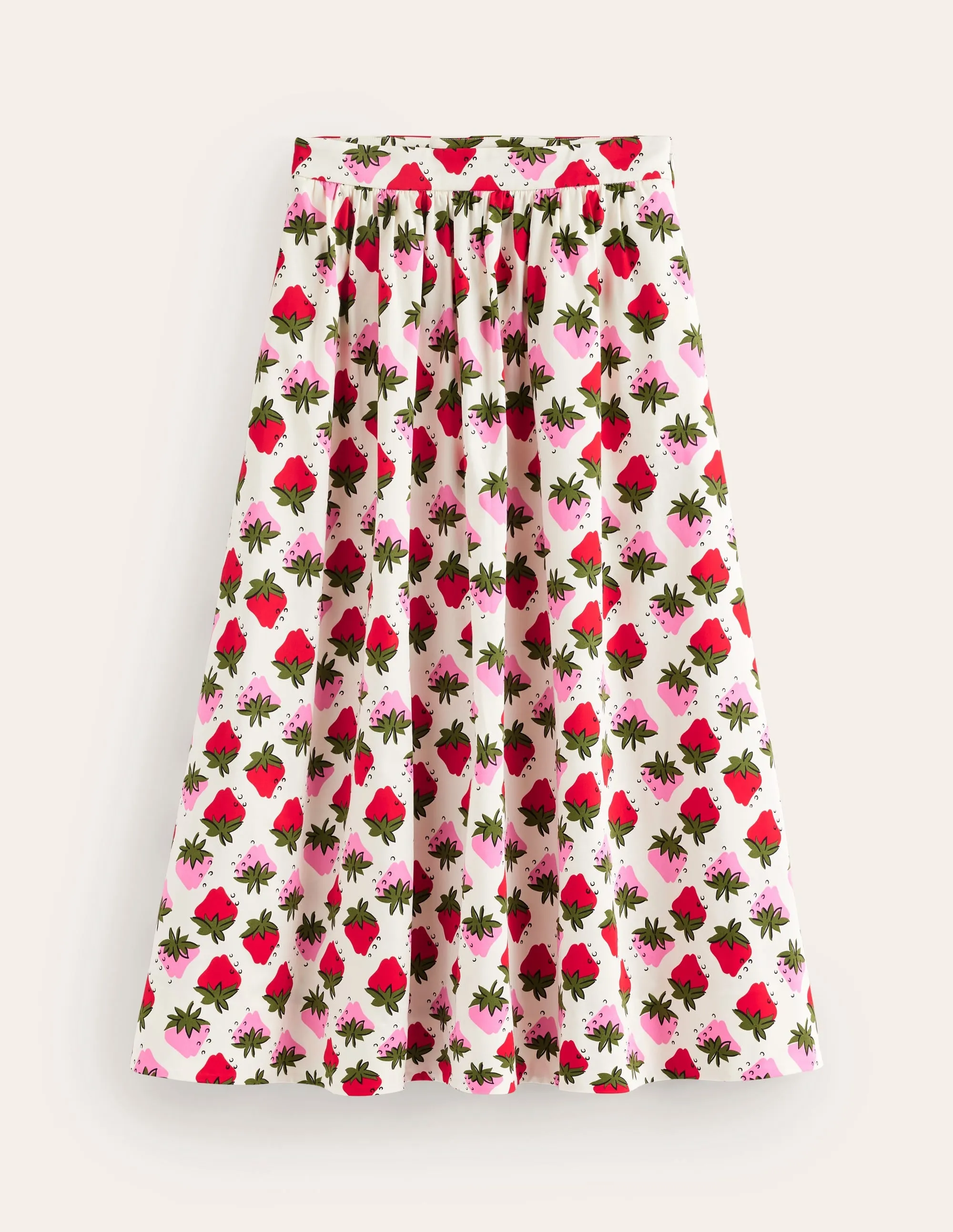 Layla Cotton Sateen Skirt-Ivory, Strawberry Pop