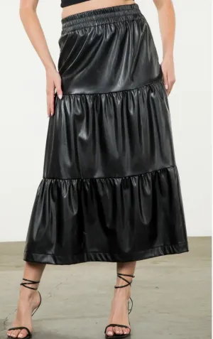 Long Tiered Faux Leather Skirt Black