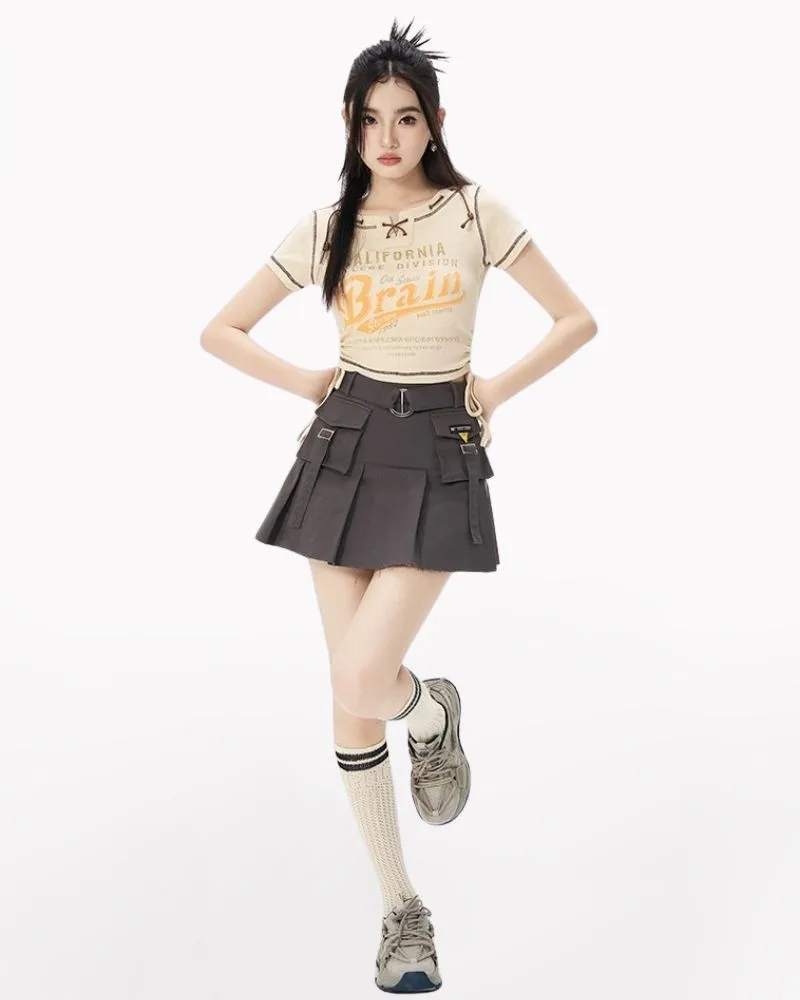 Metal Buckle A-line Cargo Mini Skirt