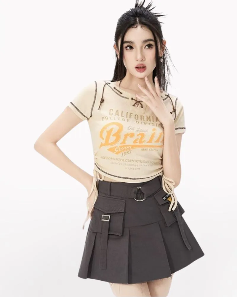 Metal Buckle A-line Cargo Mini Skirt