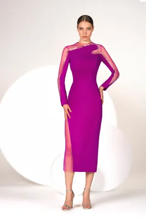 Midi Dress with  Sheer Tulle Sleeves and Subtle Silver Sequin Detail