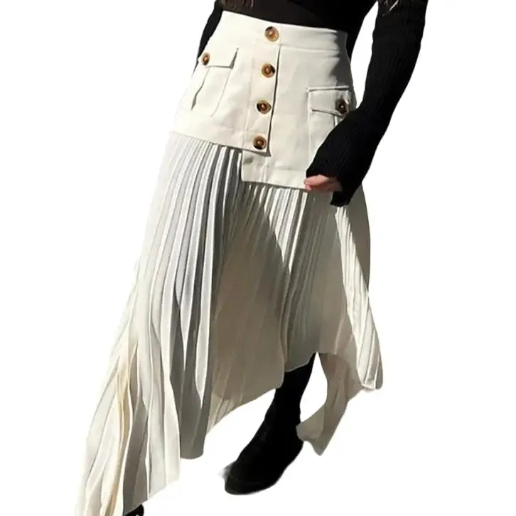 Pleated Irregular Solid Color Long Skirt