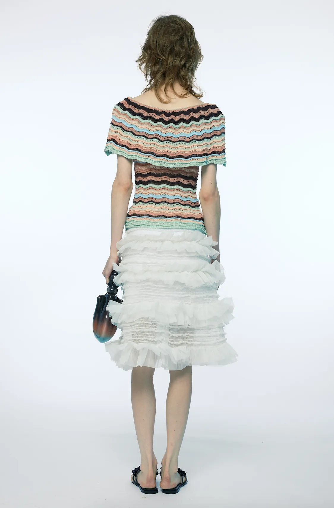 SHIRRED TIERED RUFFLE SHEER MIDI SKIRT