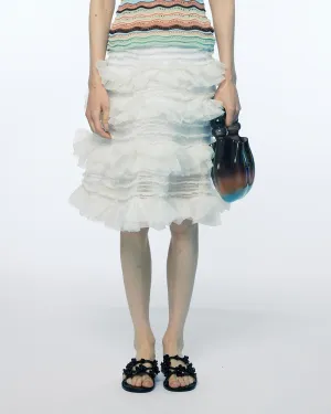 SHIRRED TIERED RUFFLE SHEER MIDI SKIRT