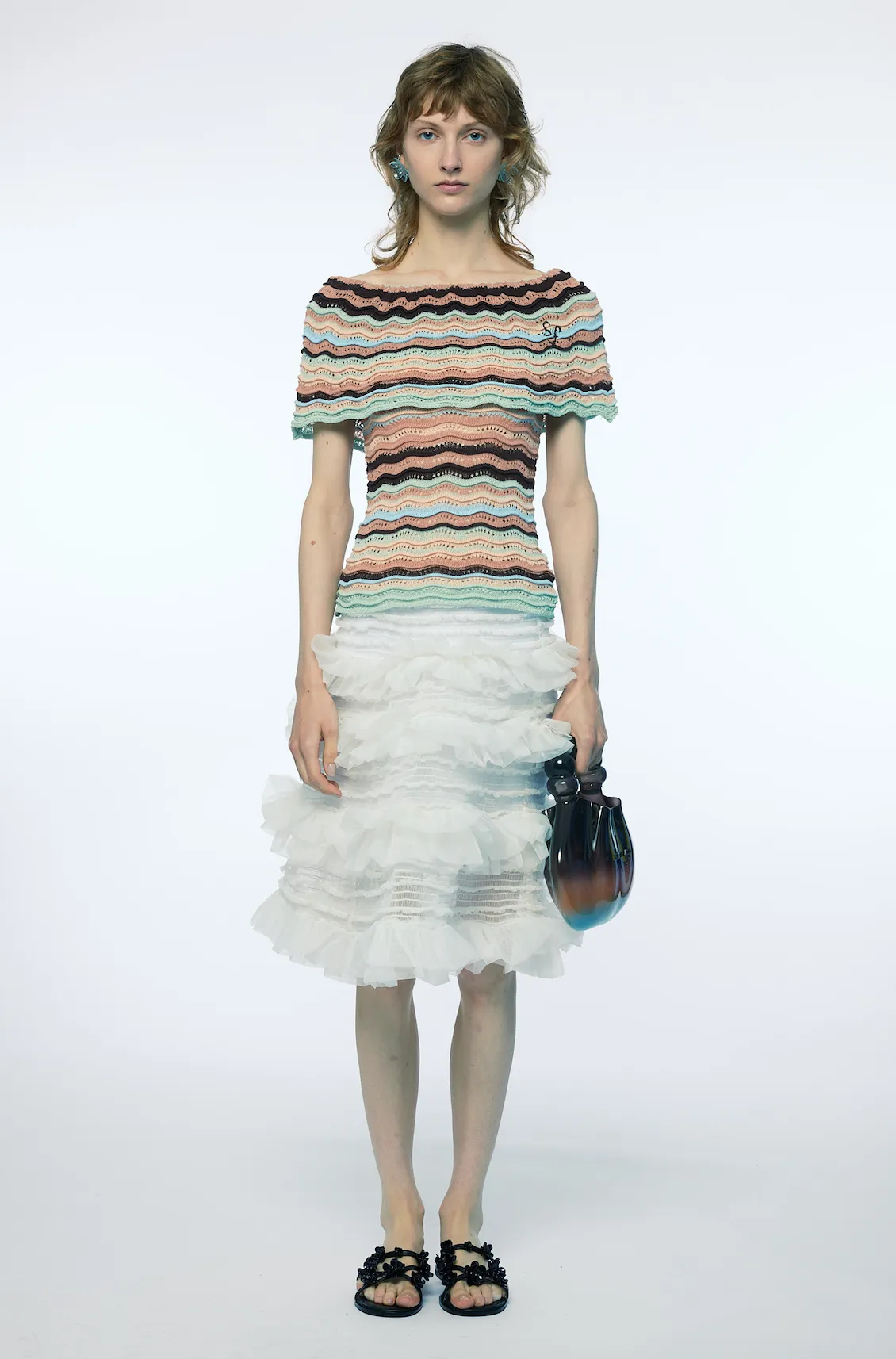 SHIRRED TIERED RUFFLE SHEER MIDI SKIRT